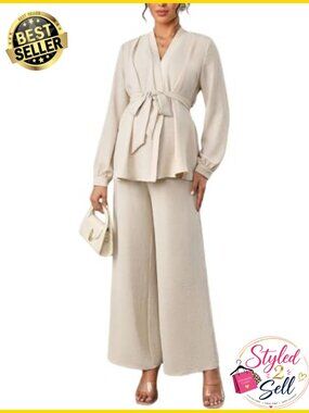 Maternity Two Piece Pant Set Belted Wrap Top Wide Leg Pants